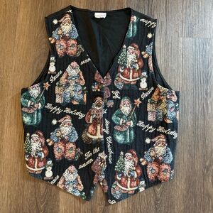 Vintage Bobbie Brooks Christmas Santa Tapestry Button Front Holiday Vest Large